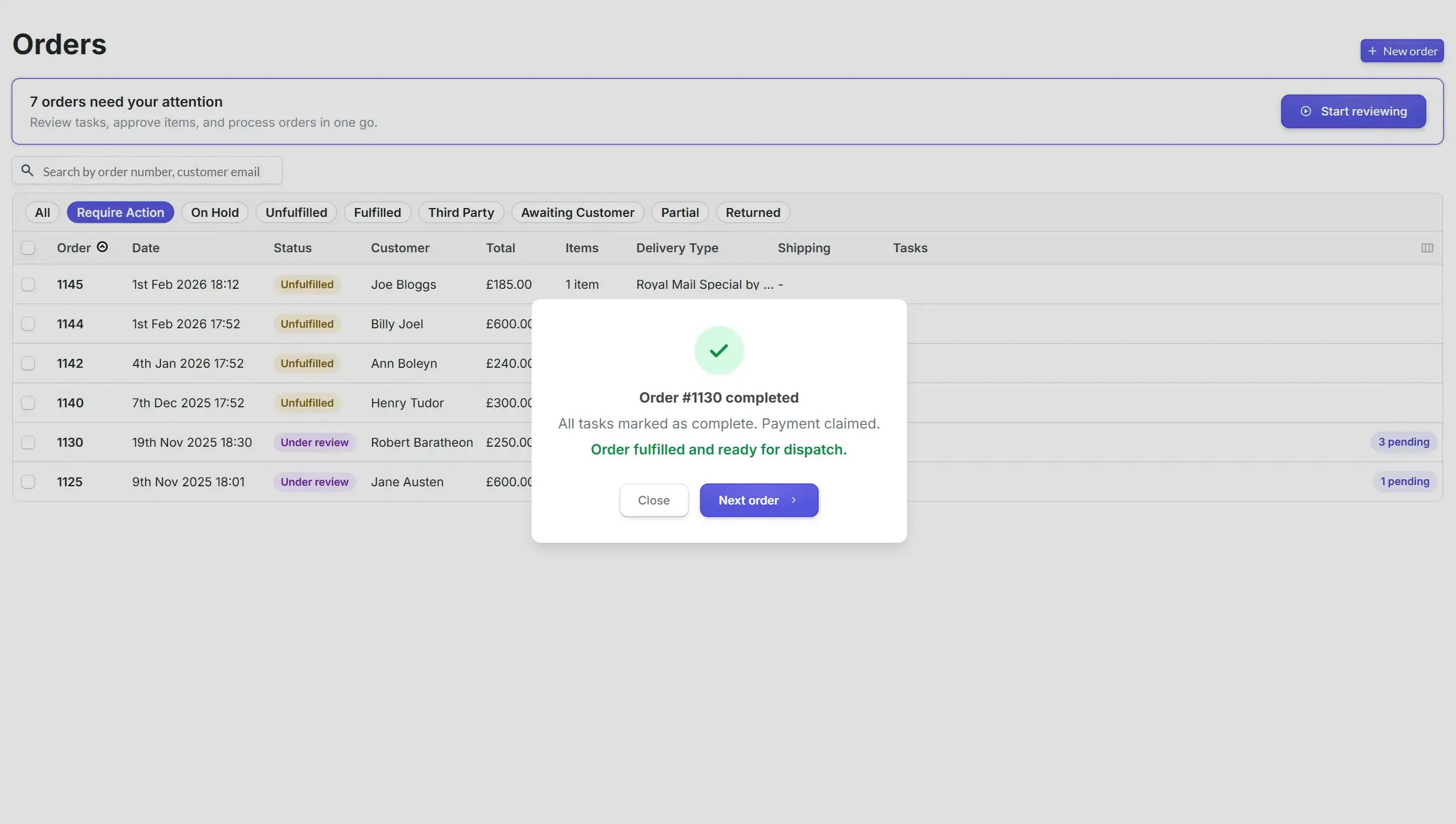 Order completed confirmation